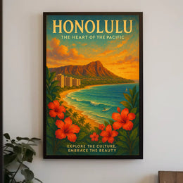 Honolulu Vintage Travel Poster Tropical Beachfront Art