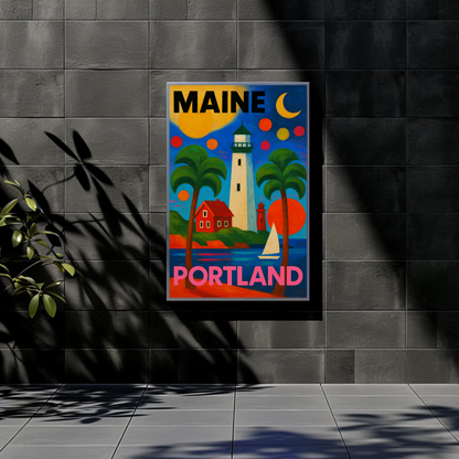Maine Portland Lighthouse Sailboats Palms Vintage Travel Poster