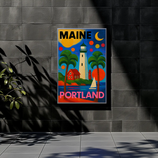 Maine Portland Lighthouse Sailboats Palms Vintage Travel Poster
