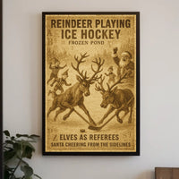Whimsical Christmas Reindeer Ice Hockey Vintage Sports Poster