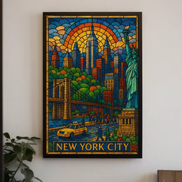 New York City Vibrant Stained Glass Poster Modern Wall Art
