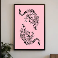 Stylized Black Ink Tigers on Pink Artistic Poster PosterGoat