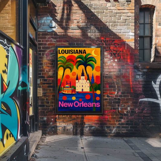 New Orleans Louisiana Steamboat Cathedral Cityscape Travel Poster
