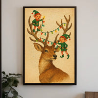 Festive Reindeer And Elves Poster