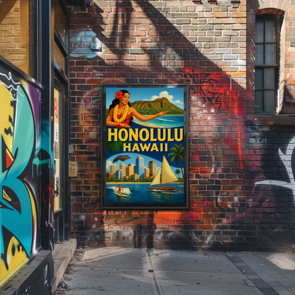 Honolulu Hawaii Surfer Skyline Hula Travel Poster