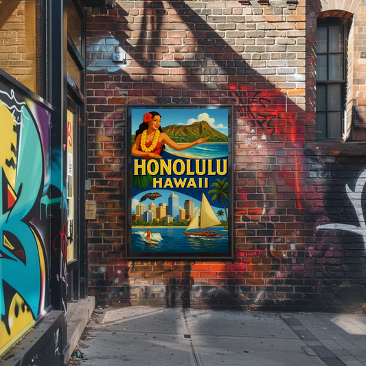 Honolulu Hawaii Surfer Skyline Hula Travel Poster