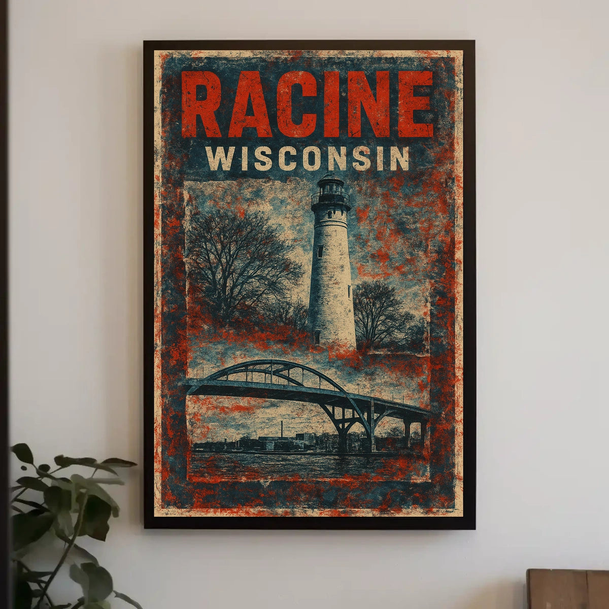 Racine Lighthouse Vintage Travel Mid Century Retro Coastal Scenic Autumn Harbor Light Poster