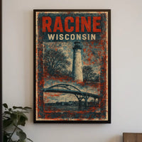 Racine Lighthouse Vintage Travel Mid Century Retro Coastal Scenic Autumn Harbor Light Poster