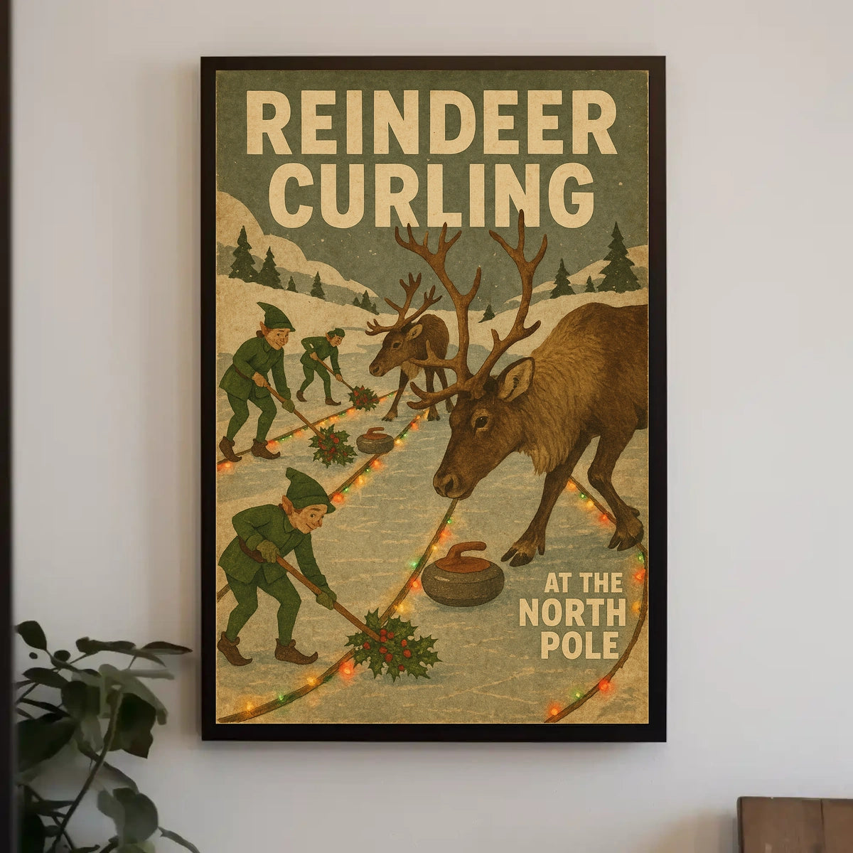 Reindeer Curling at the North Pole Poster