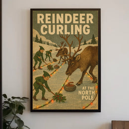 Reindeer Curling at the North Pole Poster