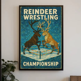 The poster titled "Reindeer Wrestling Championship" depicts an imaginative and playful scene featuring Travel Poster