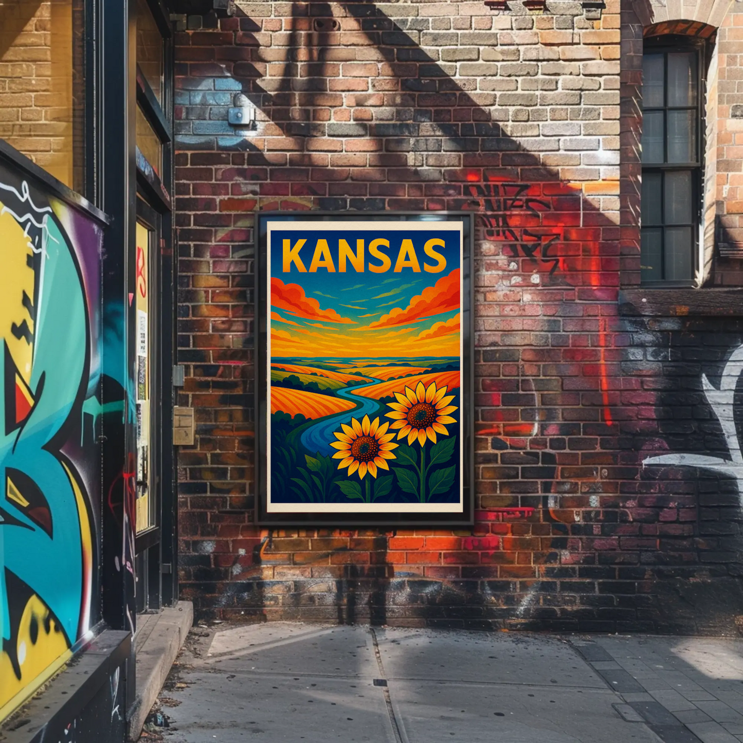Kansas Sunflowers Prairie Horizon River Travel Poster