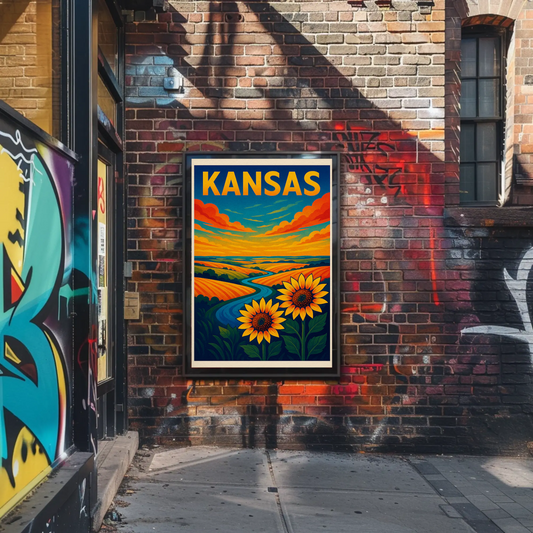 Kansas Sunflowers Prairie Horizon River Travel Poster