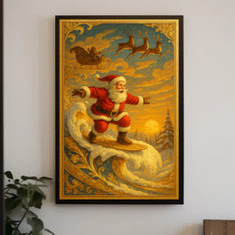 Santa Claus Surfing Vintage Christmas Poster