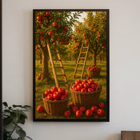 Serene Orchard Apple Harvest Photorealistic Rural Countryside Rustic Charm Nostalgic Farm Sunset Warmth Poster
