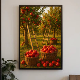 Serene Orchard Apple Harvest Photorealistic Rural Countryside Rustic Charm Nostalgic Farm Sunset Warmth Poster