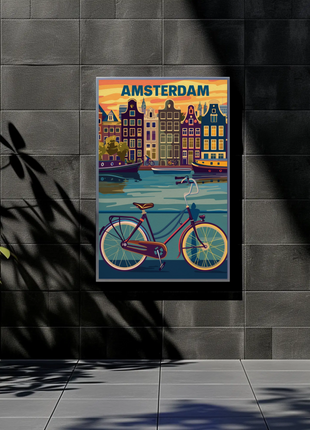 Amsterdam Holland Bicycle Canals Sunset Vintage Travel Poster