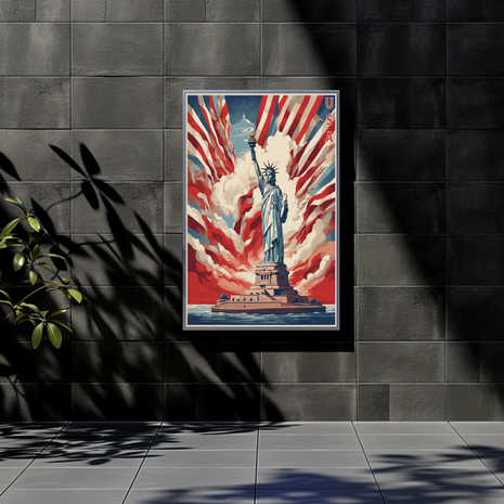 Statue of Liberty Radiant Flag Clouds Vintage Travel Poster