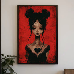 Gothic Red Background Somber Female Character Poster PosterGoat