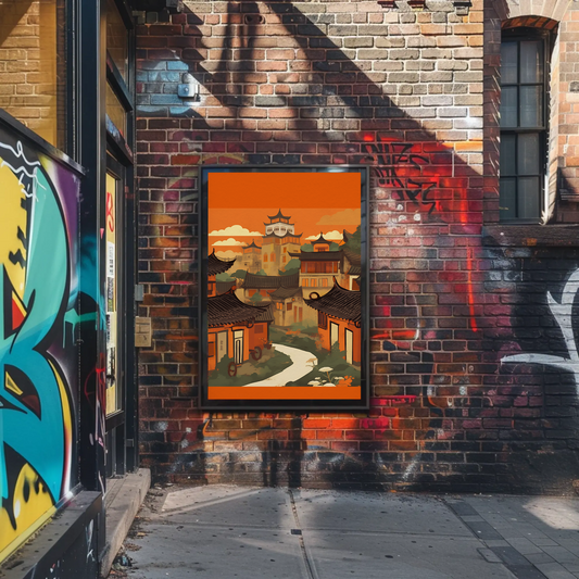 China Village Rooftops Sunset Temple Hills Travel Poster