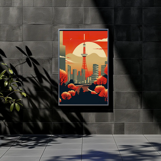 Tokyo Tower Red Sunset Modern Japan Vintage Travel Poster