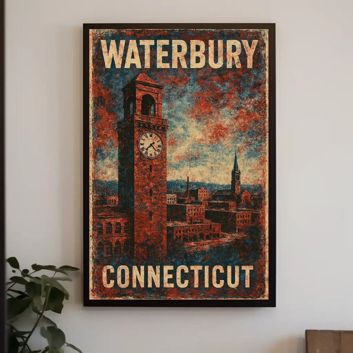 Waterbury Connecticut Cityscape Vintage Travel Poster