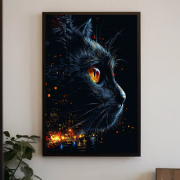 Mystical Cat with Urban Skyline Art Poster