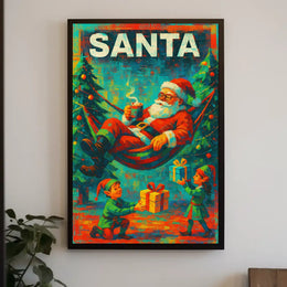 The poster features a festive Christmas theme with a playful depiction of Santa Travel Poster