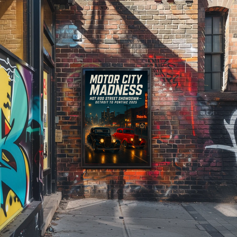 Hot Rod Street Showdown in Detroit Futuristic Sci-Fi Poster