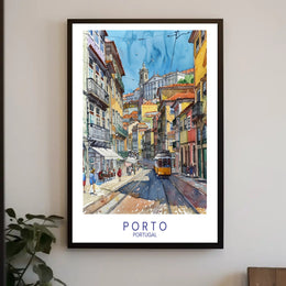 Porto Vibrant Cityscape Yellow Tram Urban Cityscape Poster PosterGoat