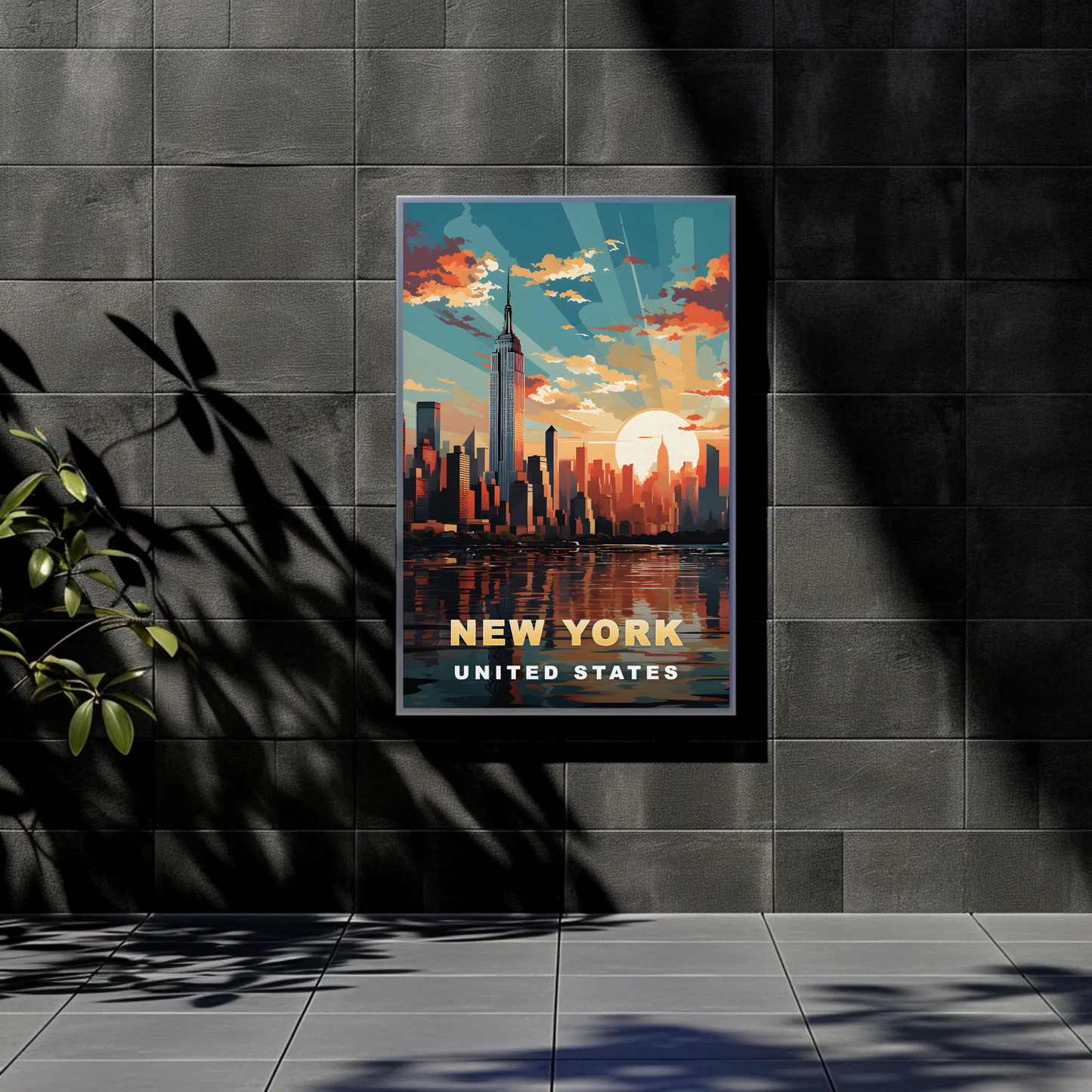 New York City Empire Sunset Reflection Vintage Travel Poster