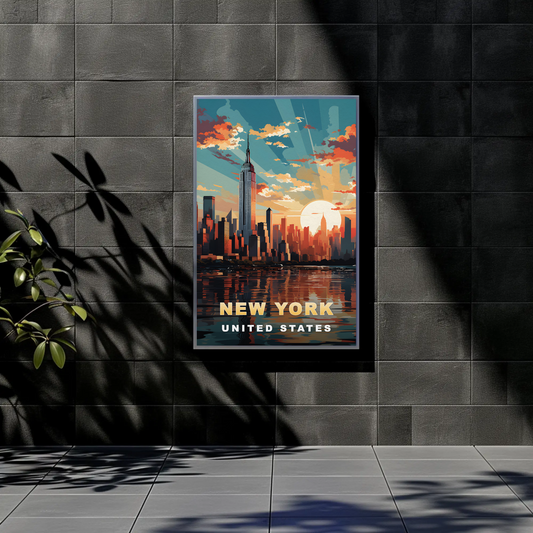 New York City Empire Sunset Reflection Vintage Travel Poster
