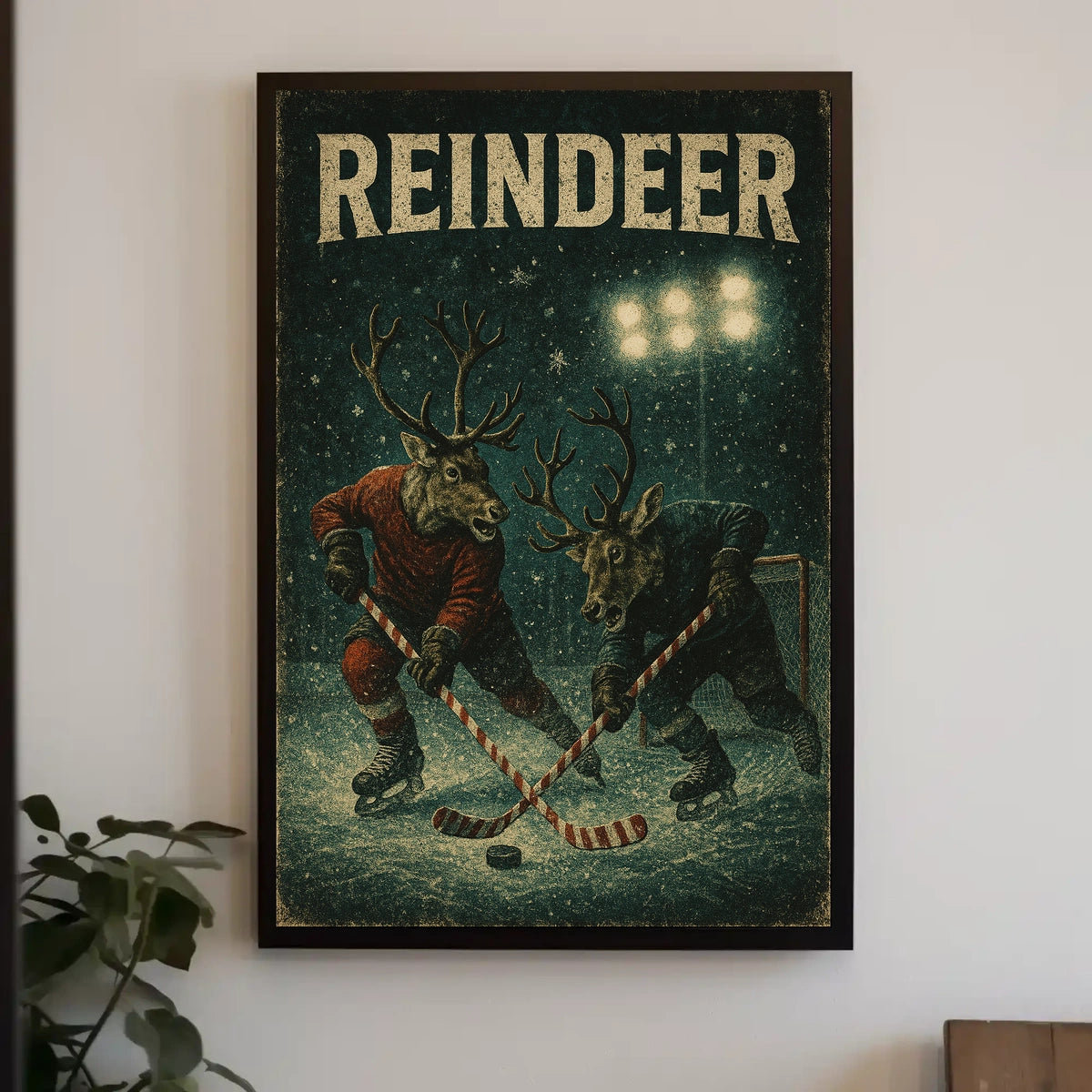 Festive Reindeer Ice Hockey Match - Fantasy or Mythology Poster