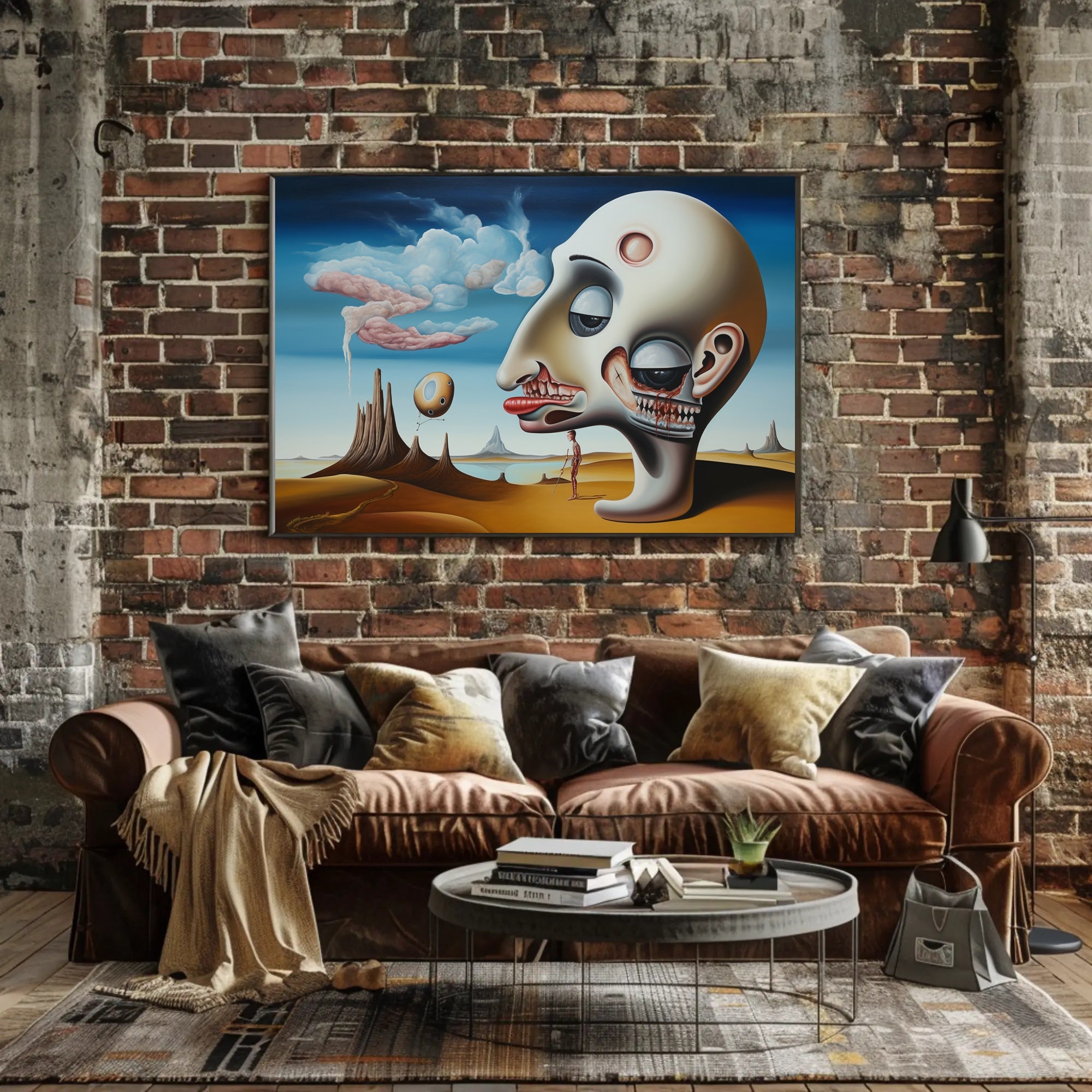 Surreal Human Head in Desert Landscape Art Poster