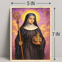 Saintly Figure with Church Model Poster PosterGoat