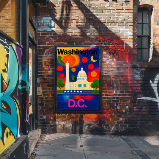 Washington DC Capitol Monument Colorful Night Travel Poster