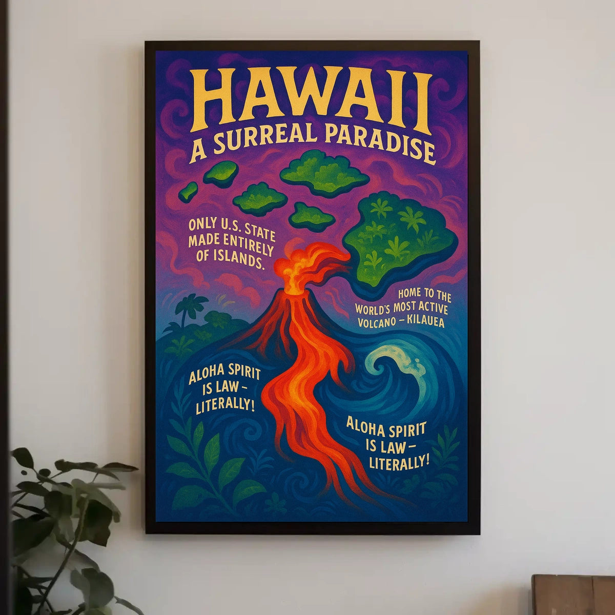 The poster features a vibrant and surreal depiction of Hawaii. The core subject Travel Poster