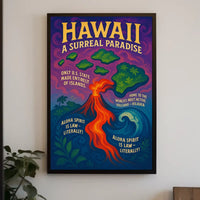 The poster features a vibrant and surreal depiction of Hawaii. The core subject Travel Poster