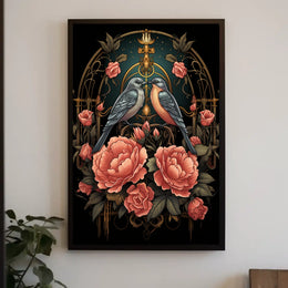 Art Nouveau Birds and Roses Vintage Poster