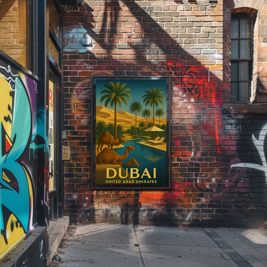 Dubai Desert Luxury Camels Pool Palms Oasis Poster