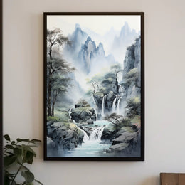 Tranquil East Asian Landscape Waterfall Scenic Poster