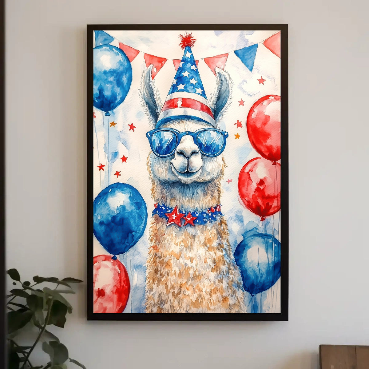 Playful watercolor of a llama wearing a stars and stripes hat and sunglasses standing in front of bunting and balloons in red white and blue Poster
