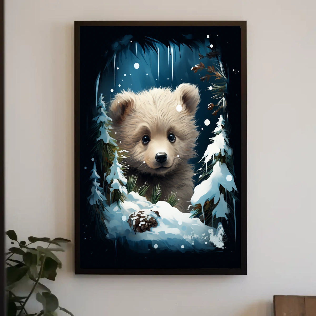 Adorable Bear Cub in Winter Forest Poster