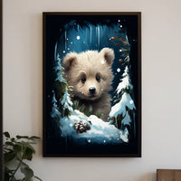 Adorable Bear Cub in Winter Forest Poster