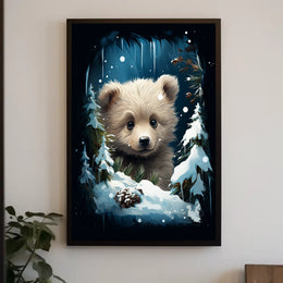 Adorable Bear Cub in Winter Forest Poster