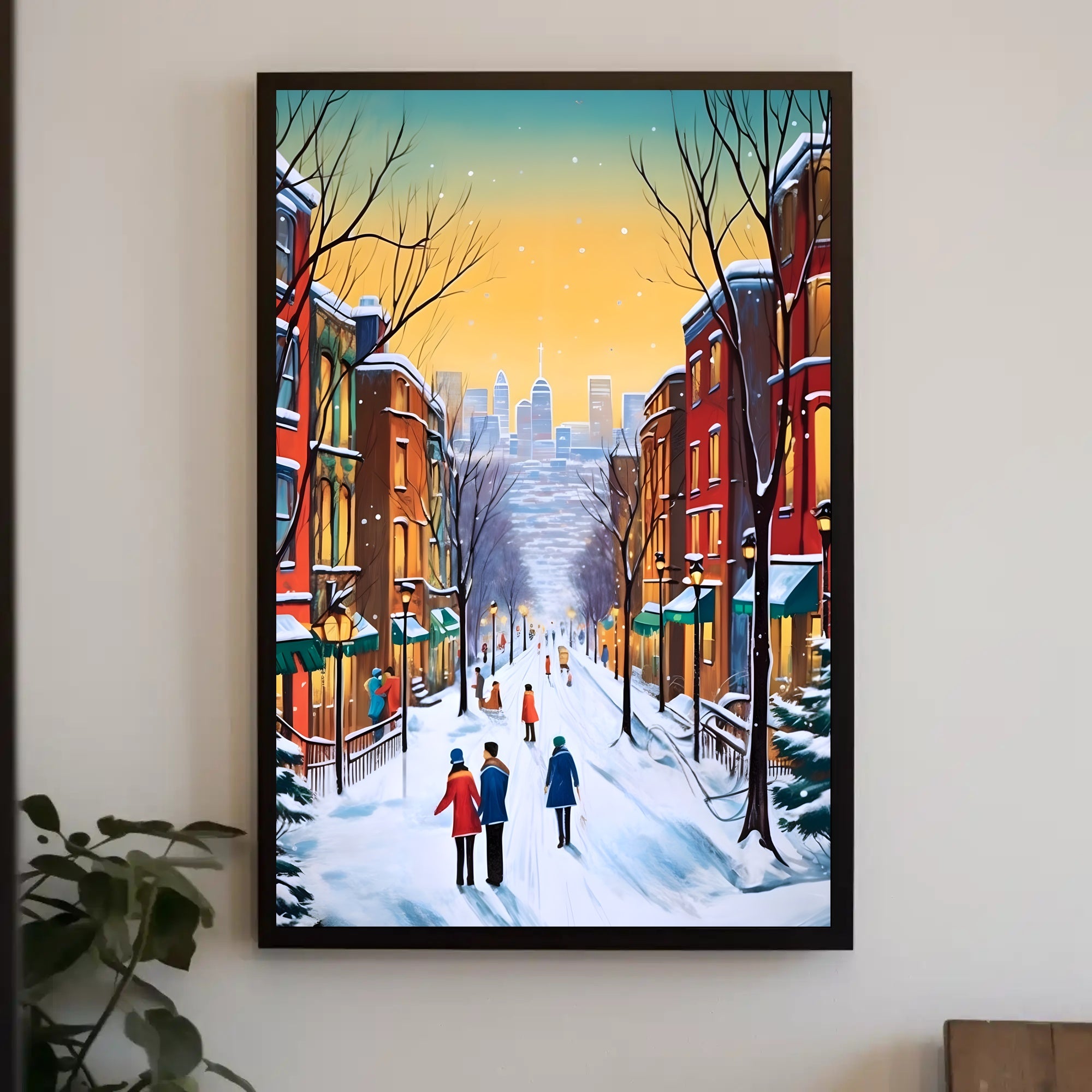 Charming Winter Street Scene in Urban Cityscape Poster