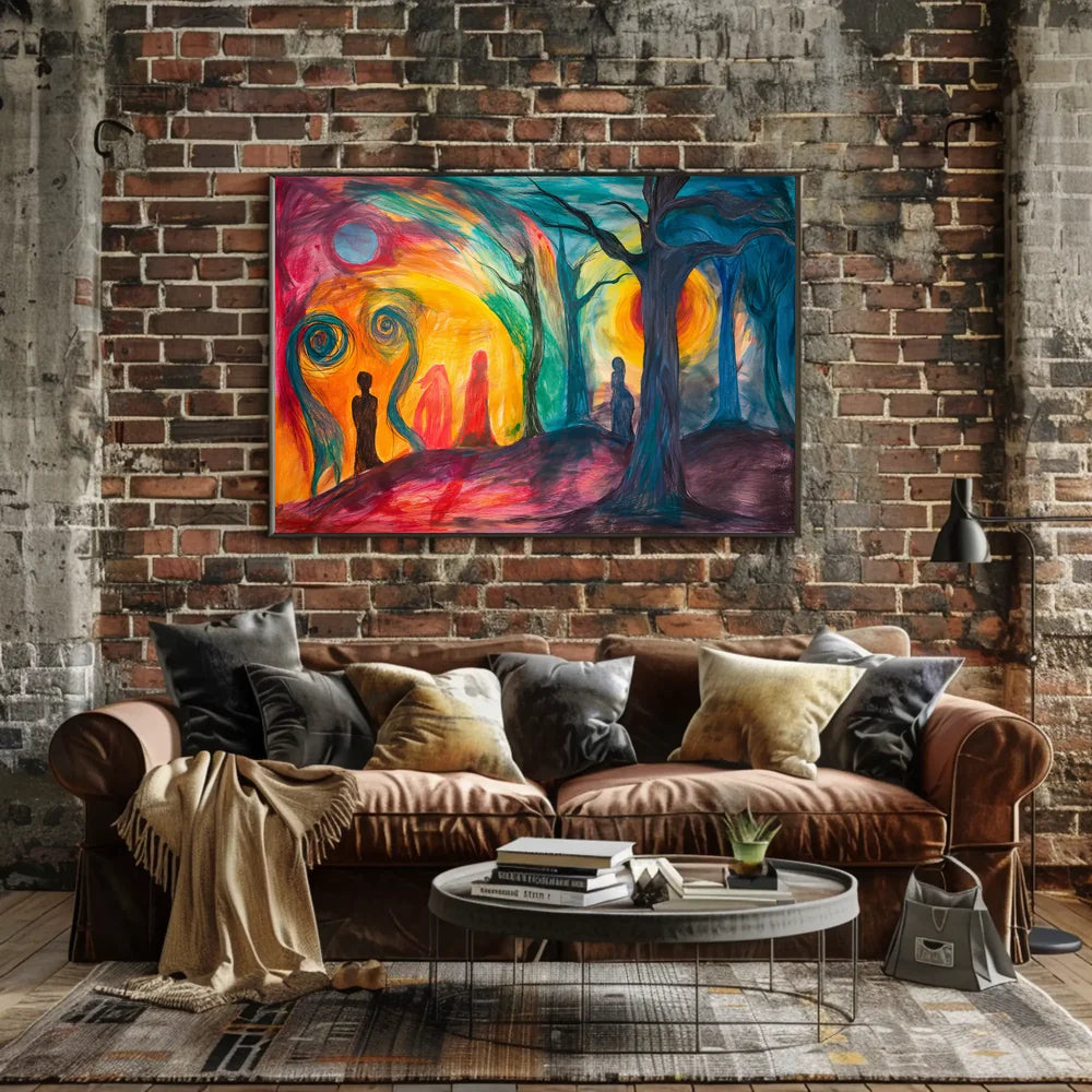 The poster is an abstract, surrealistic artwork with a vibrant and emotive theme. Travel Poster