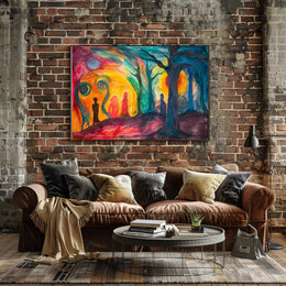 The poster is an abstract, surrealistic artwork with a vibrant and emotive theme. Travel Poster
