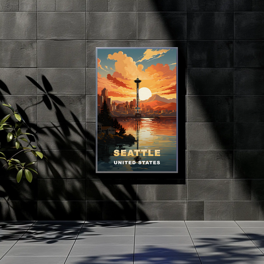 Seattle Washington Space Needle Sunset Vintage Travel Poster