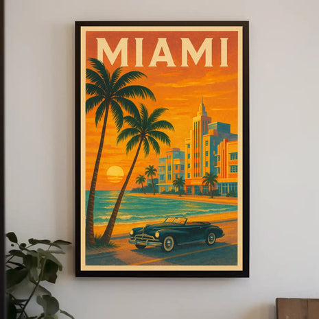 Miami Sunset Convertible - Vintage Travel Poster